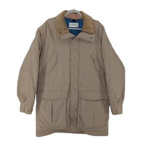 LL Bean 80s Down Puffer Chore Barn‎ Coat Nylon Corduroy Collar Mens L Vintage